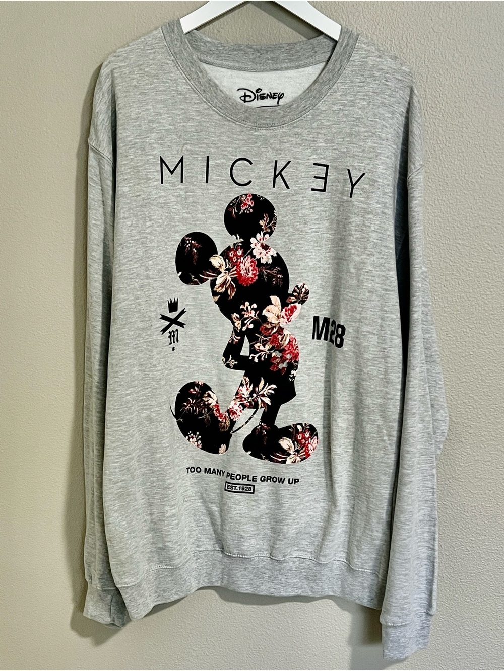 Disney x Neff M28 Mickey Mouse Gray Floral Pullover Sweatshirt Size XL Unisex